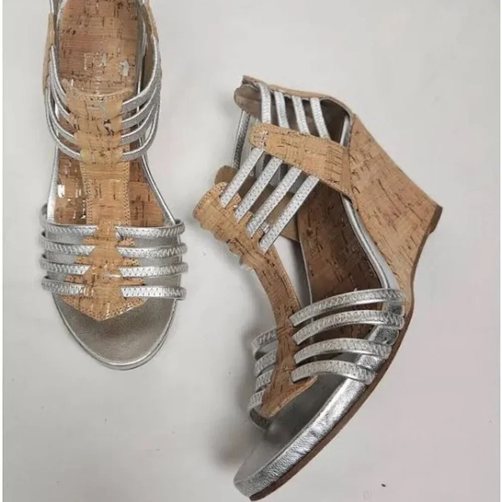 Donald J Pliner Silver Strappy Cork Wedge Sandals 8.5M